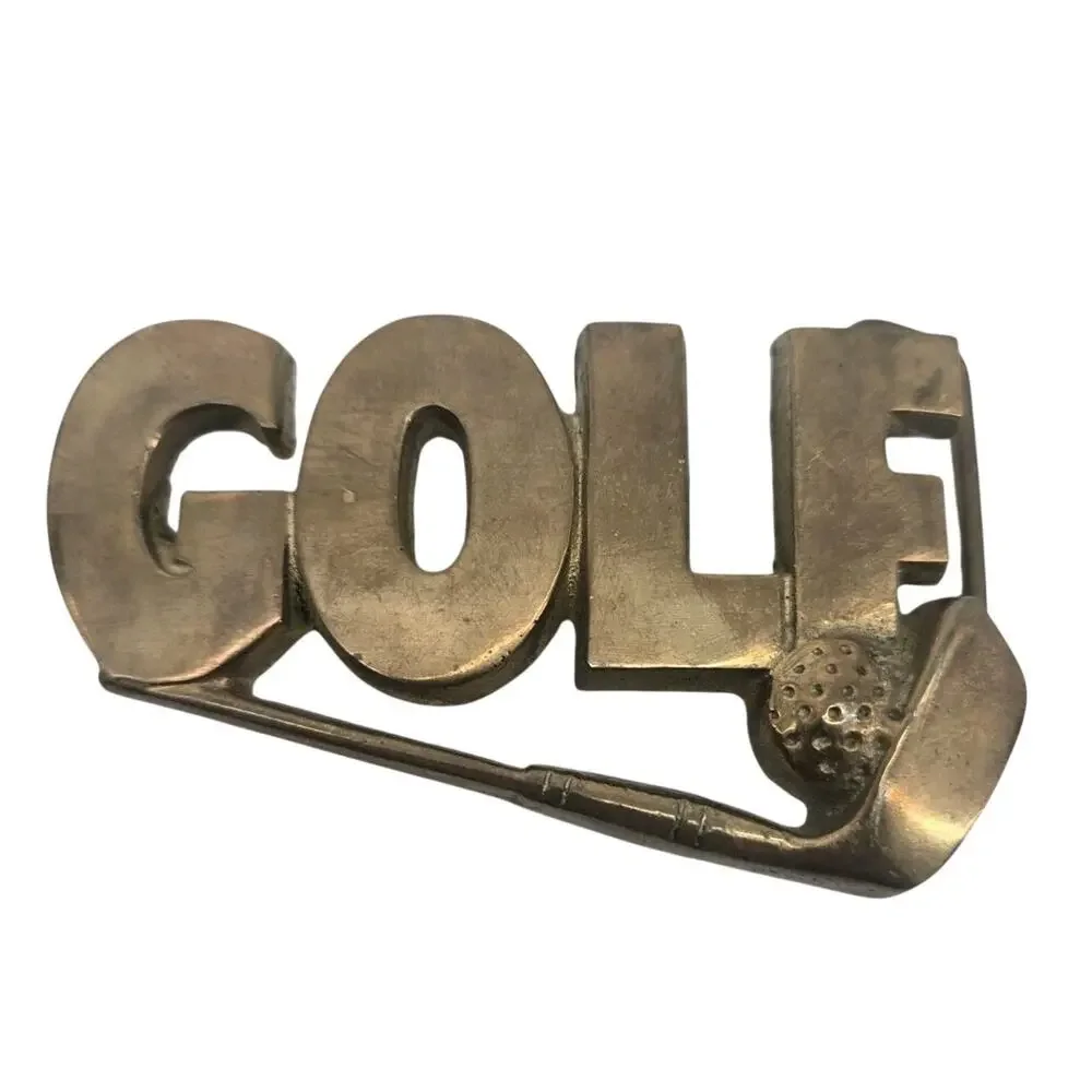 Vintage GOLF Word Art Belt Buckle Brass R.O.C. Golfing Golf Club Ball